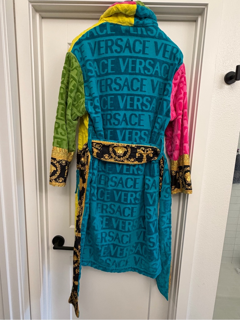 Versace Teal and Yellow Plush Logo Robe with Baroque Trim - Picture 2 of 5
